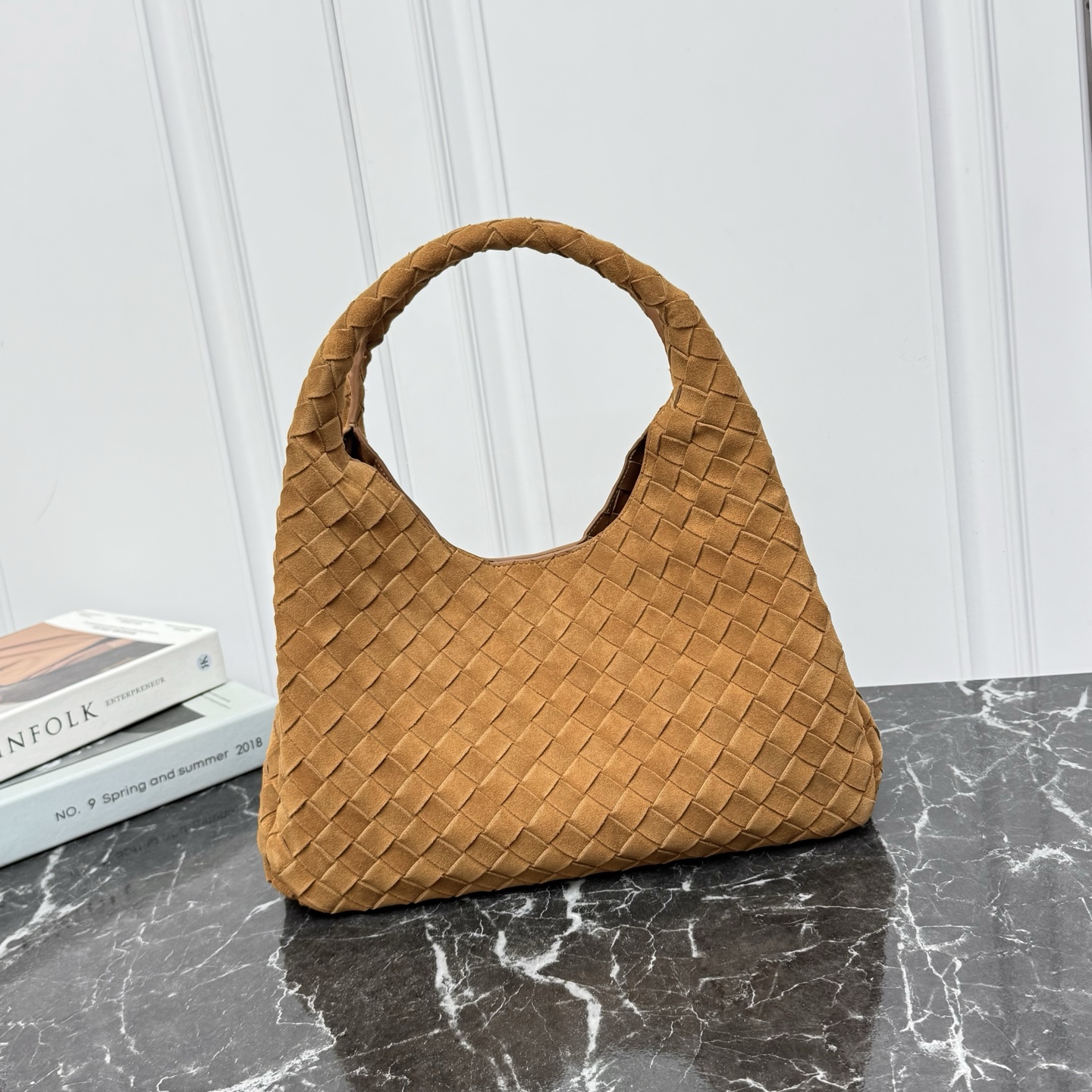 Woven Suede Shoulder Bag Drawstring Open Top Triangular Shape