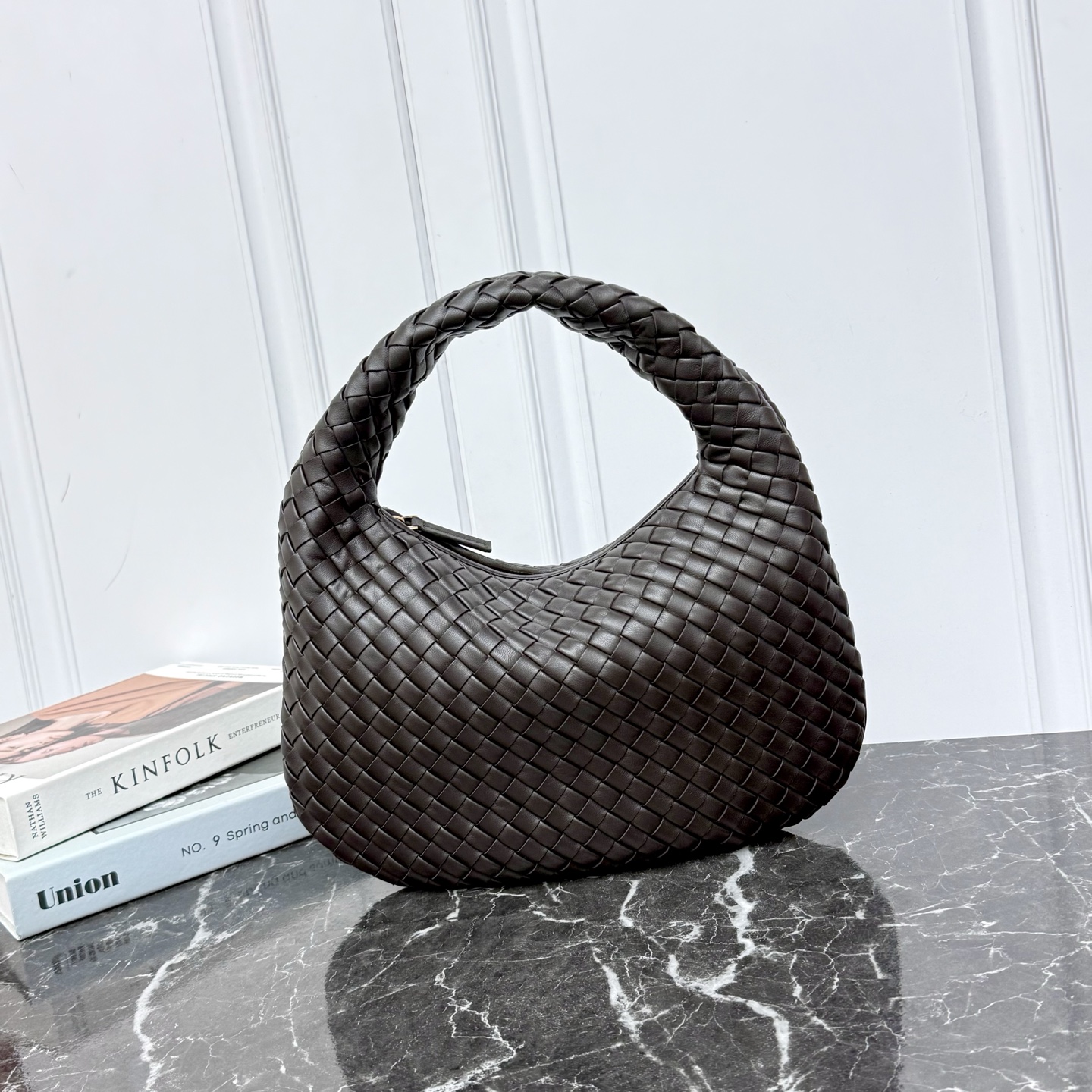 Lambskin Woven Top Handle Shoulder Bag with Zipper