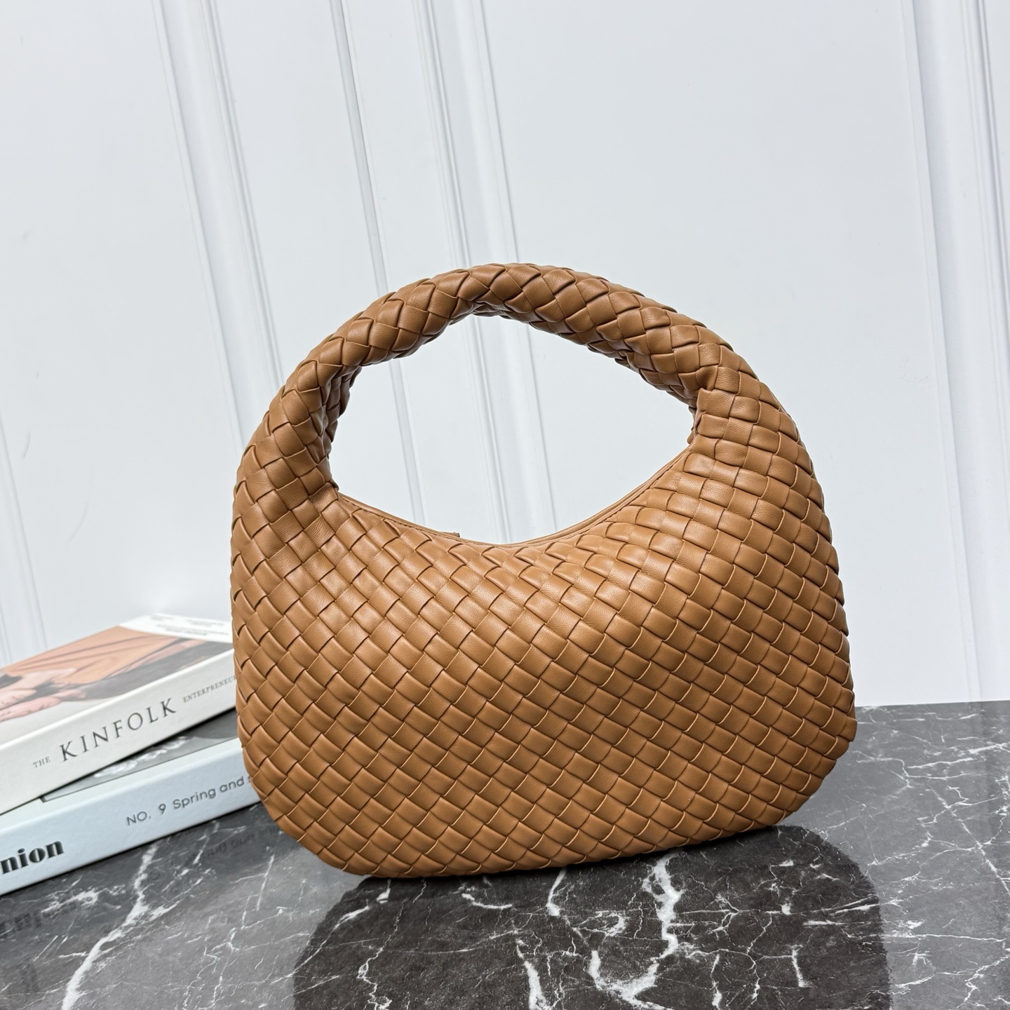 Lambskin Woven Top Handle Shoulder Bag