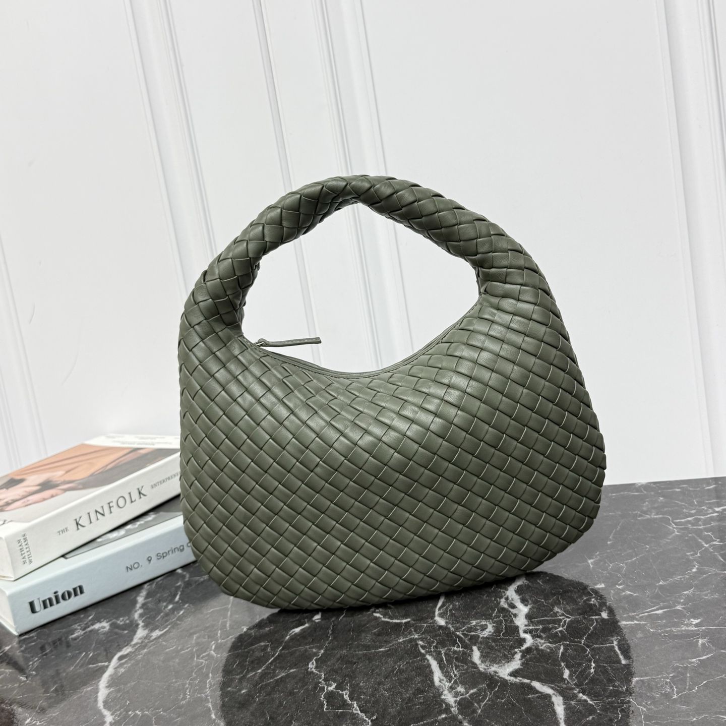 Lambskin Woven Top Handle Shoulder Bag with Zipper