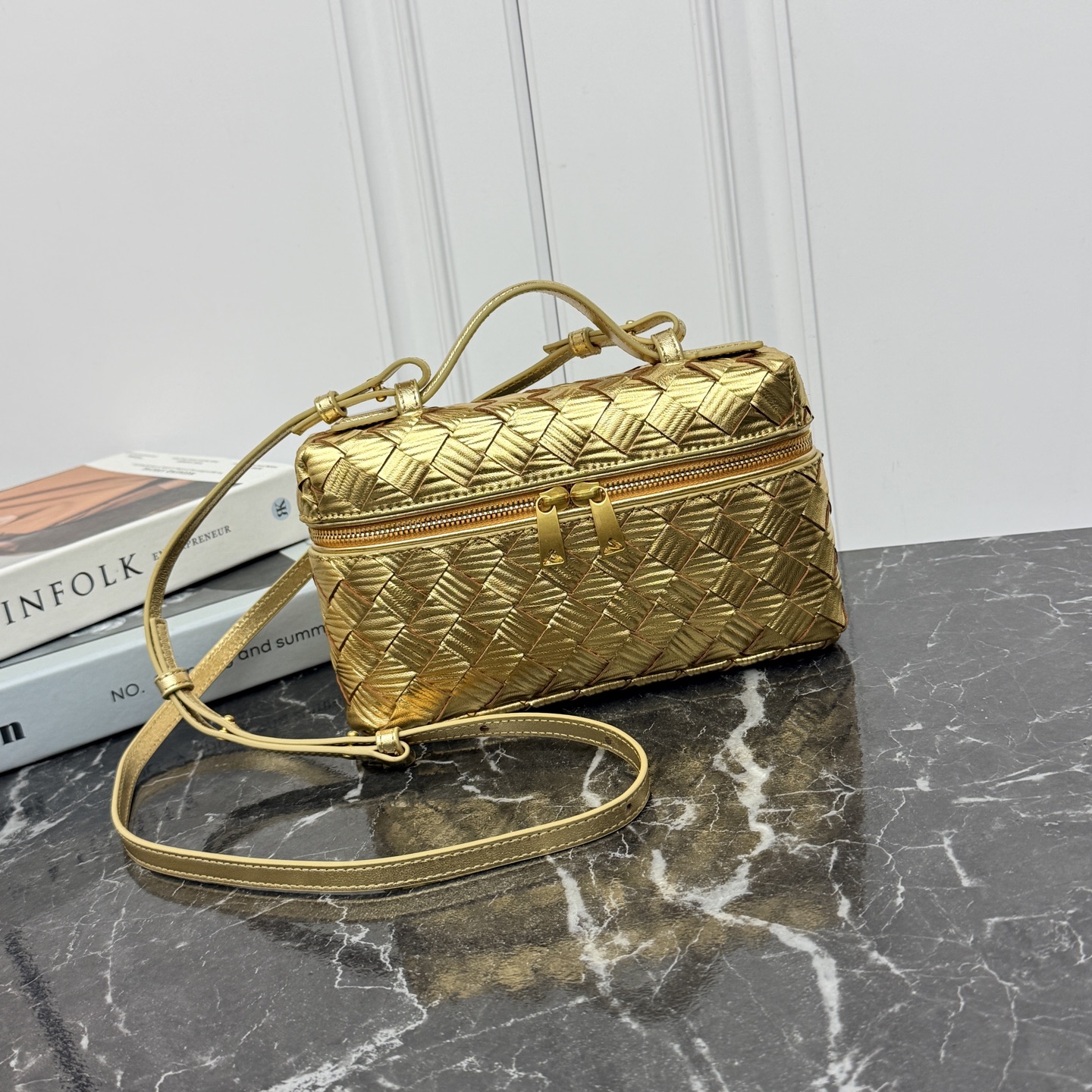 Woven Makeup Bag with Two-Way Zipper, Top Handle, and Detachable Shoulder Strap