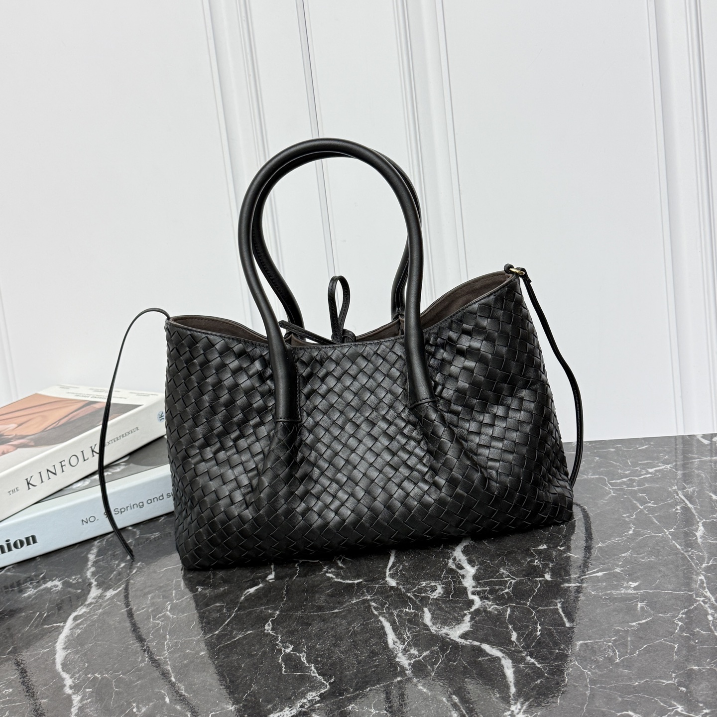 Woven Tote Handbag Double-Sided Deerskin Lining Four Leather Straps Medium