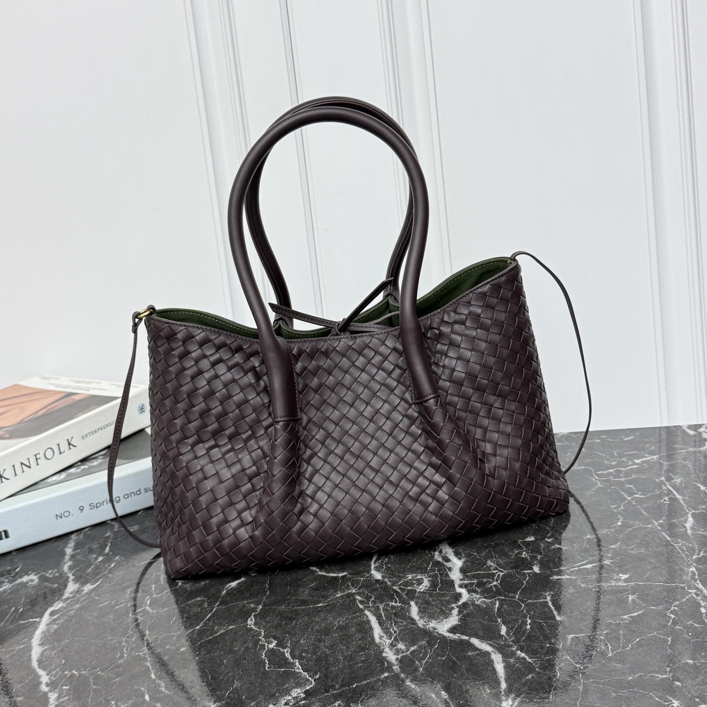 Woven Tote Handbag Reversible Deerskin Lining Four Leather Straps Medium