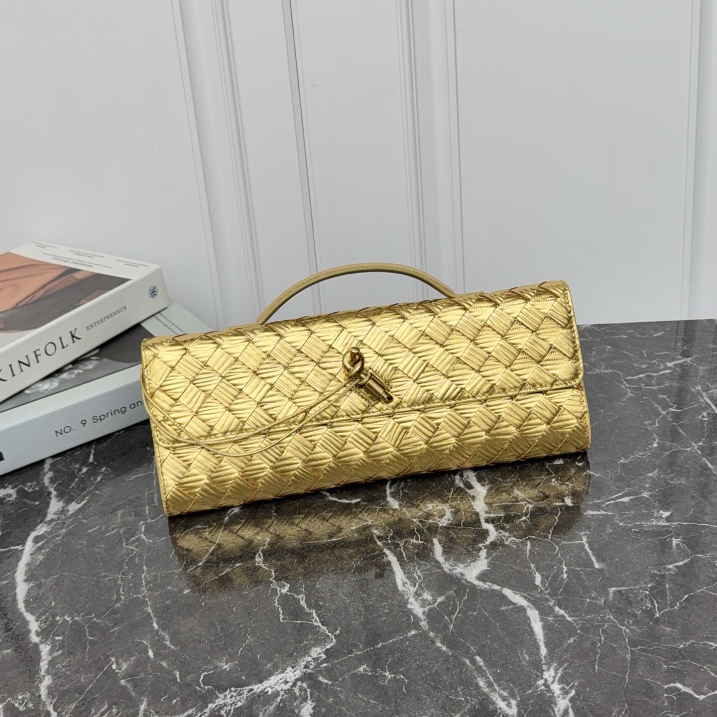 Lambskin Woven Handbag Evening Clutch with Metal Knot Clasp