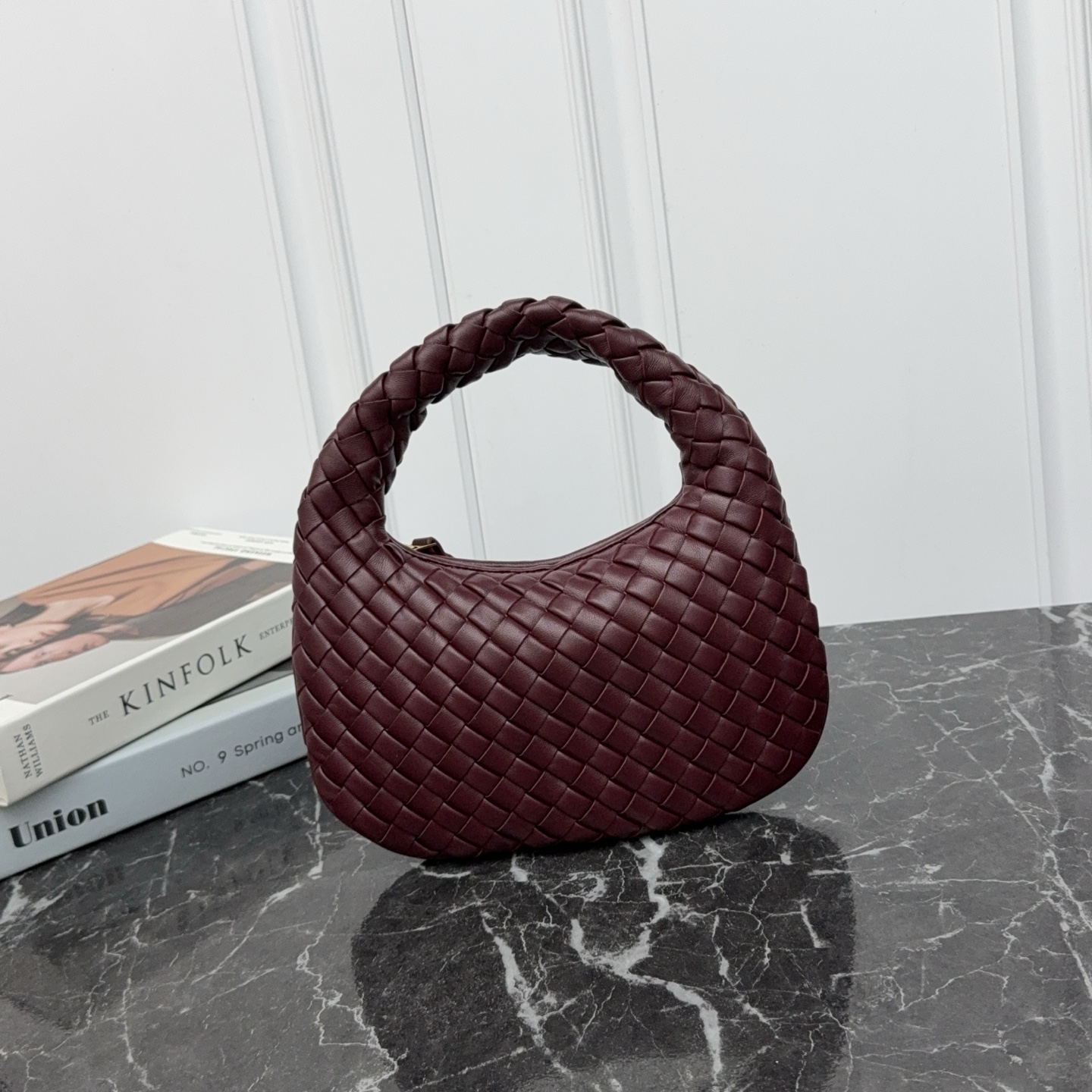 Nappa Lambskin Woven Top Handle Shoulder Bag Zip Handbag