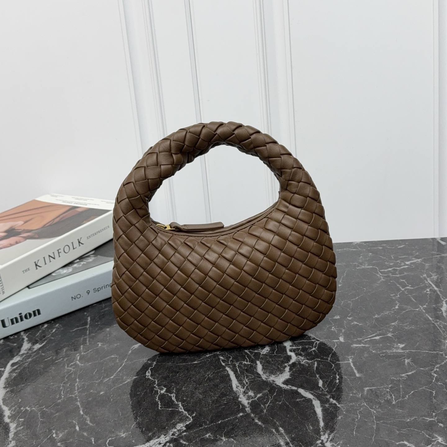 Nappa lambskin woven mini bag zip one-piece handle