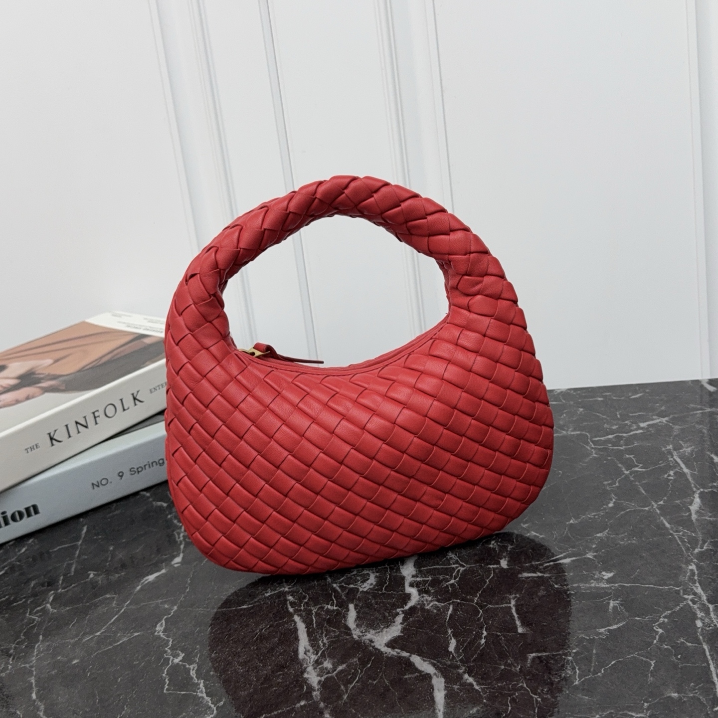 Nappa Lambskin Woven Top Handle Shoulder Bag with Zipper
