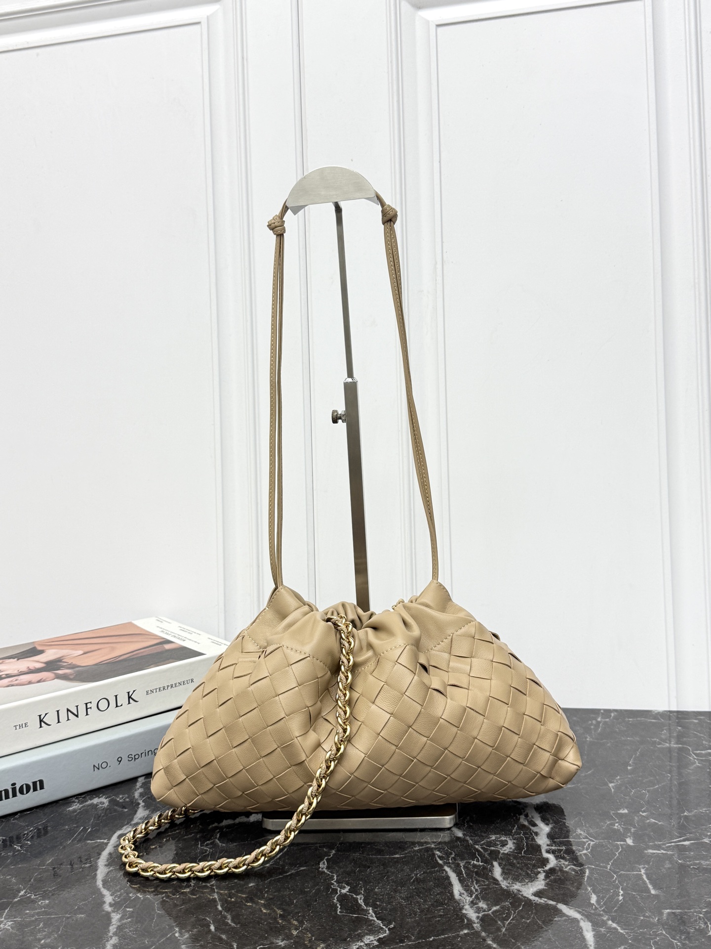 Woven Drawstring Chain Shoulder Bag Tech Nylon Lining