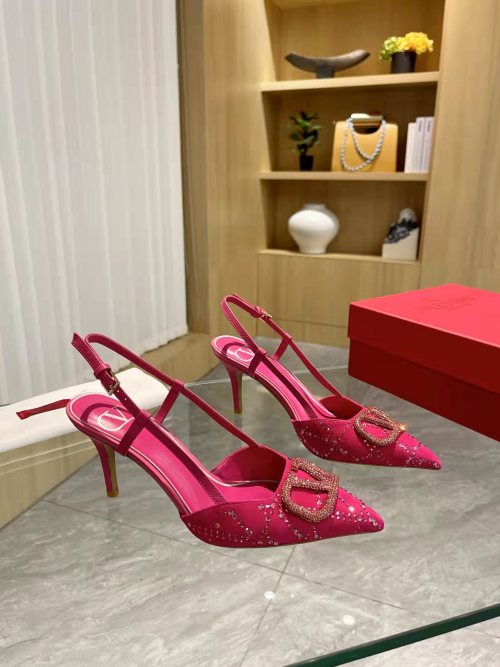 Valentino Garavani V-Logo Slingback Pumps in Pink with Crystal Embellishments 1 Valentino Garavani V-Logo Slingback Pumps in Pink with Crystal Embellishments
