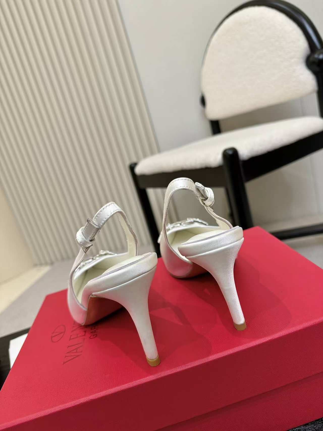 Valentino Garavani Women's White Silk Slingback Heels with Rhinestone Buckle 6 a1742782018114 2842