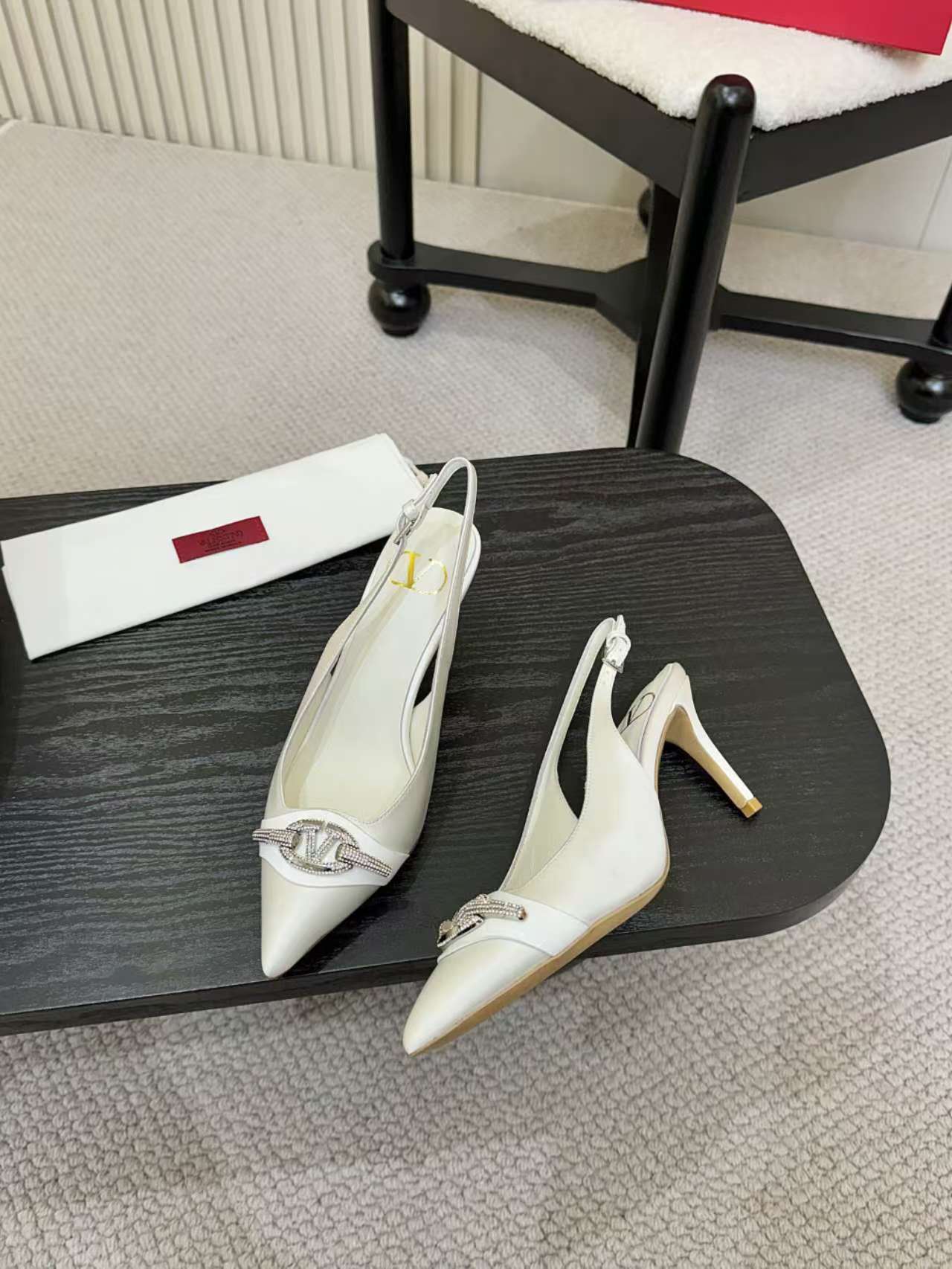 Valentino Garavani Women's White Silk Slingback Heels with Rhinestone Buckle 1 Valentino Garavani Women's White Silk Slingback Heels with Rhinestone Buckle