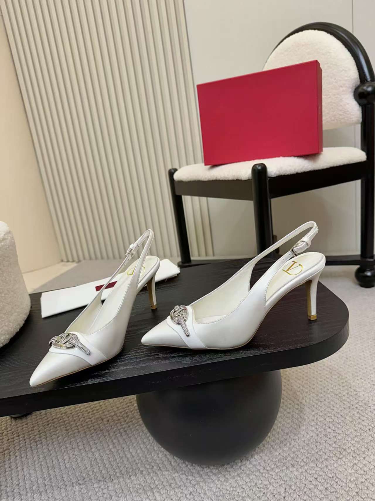 Valentino Garavani Women's White Silk Slingback Heels with Rhinestone Buckle 4 a1742782018131 7675