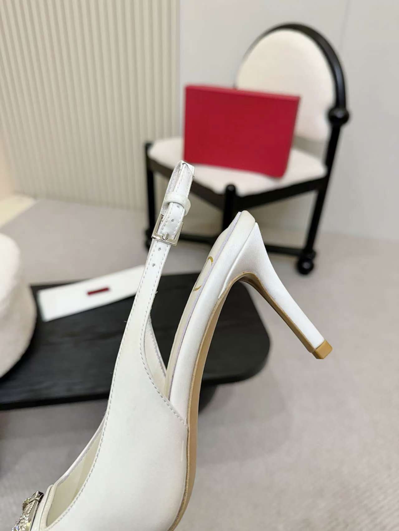 Valentino Garavani Women's White Silk Slingback Heels with Rhinestone Buckle 9 a1742782018841 3738