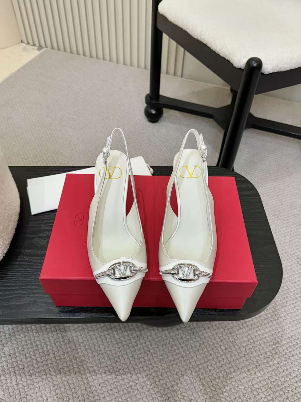 Valentino Garavani Women's White Silk Slingback Heels with Rhinestone Buckle 7 a1742782018842 2475