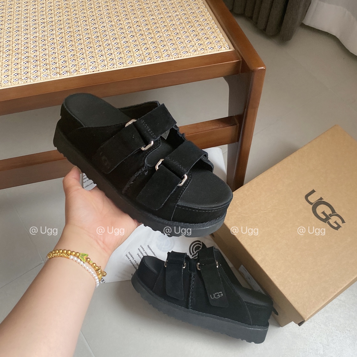 Negro/toma real Detalles UGG nuevas sandalias de verano informales y cómodas para mujer, color sólido, suela gruesa, pu…