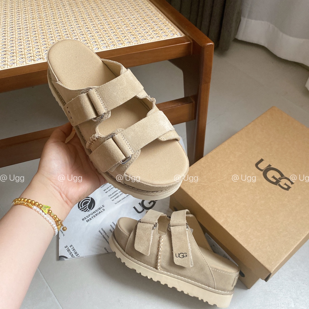 Color arena/toma real Detalles UGG nuevo verano para mujer, casual y cómodo, color sólido, suela gruesa, punt…