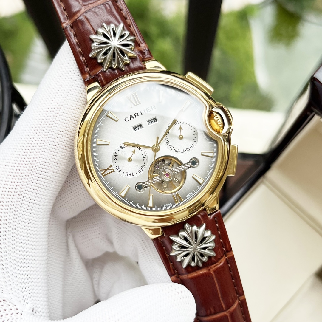Cartier 白壳 玫金壳 【全新风格 】卡地亚-Cartier 男士腕表 全自动机械机芯 矿物强化玻璃 316L精钢表壳 真皮表带 休闲 商务 尺寸:径44mm 厚度12mm