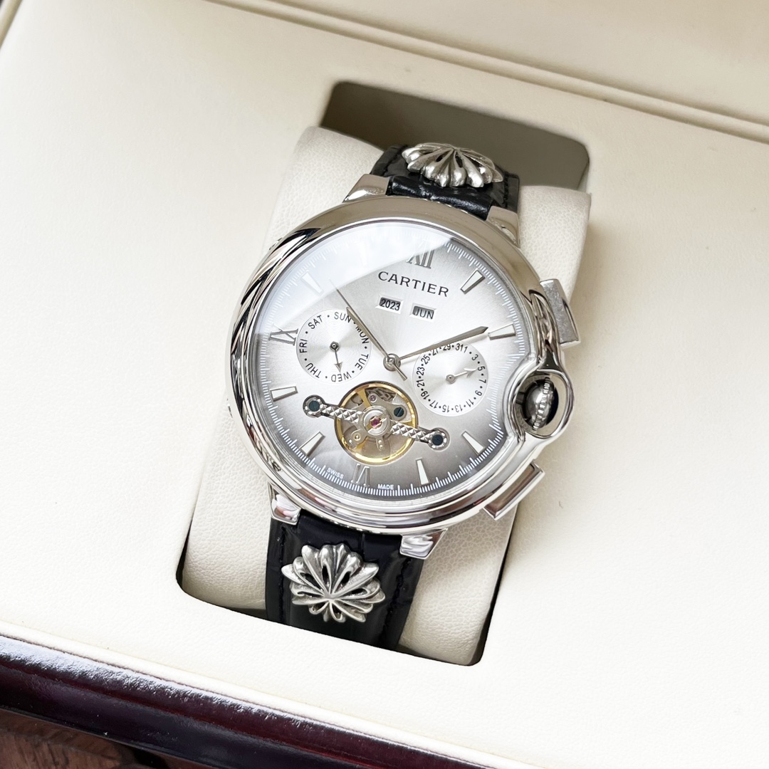 Cartier 白壳 玫金壳 【全新风格 】卡地亚-Cartier 男士腕表 全自动机械机芯 矿物强化玻璃 316L精钢表壳 真皮表带 休闲 商务 尺寸:径44mm 厚度12mm