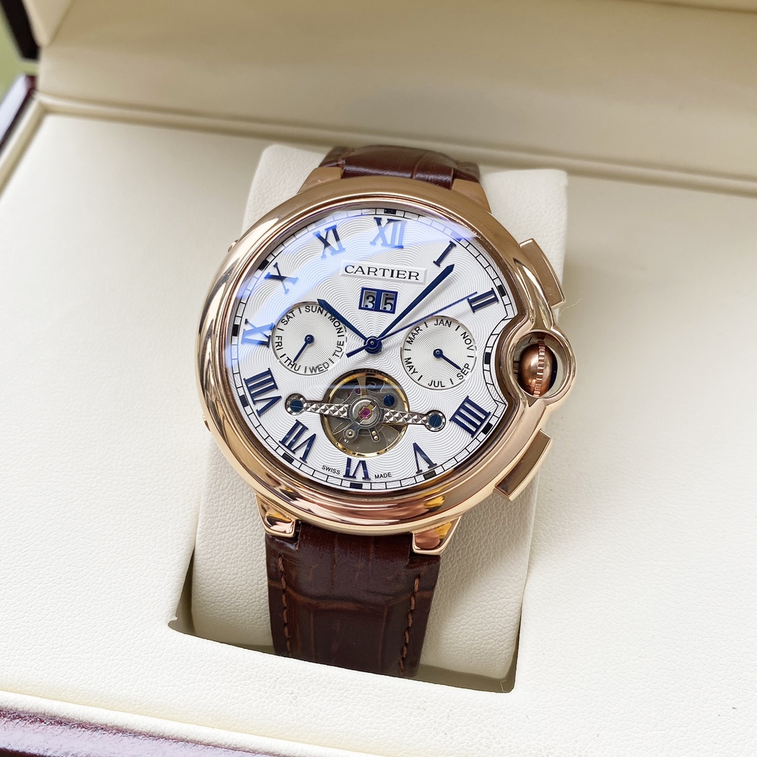 Cartier 白壳 玫金壳 【全新风格 】卡地亚-Cartier 男士腕表 全自动机械机芯 矿物强化玻璃 316L精钢表壳 真皮表带 休闲 商务 尺寸:径44mm 厚度12mm