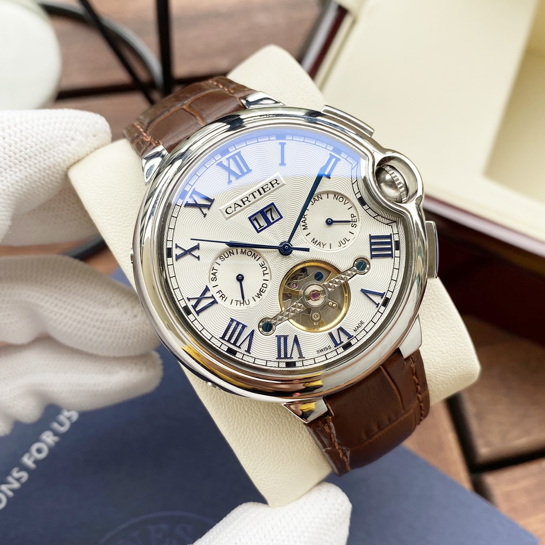 Cartier 白壳 玫金壳 【全新风格 】卡地亚-Cartier 男士腕表 全自动机械机芯 矿物强化玻璃 316L精钢表壳 真皮表带 休闲 商务 尺寸:径44mm 厚度12mm