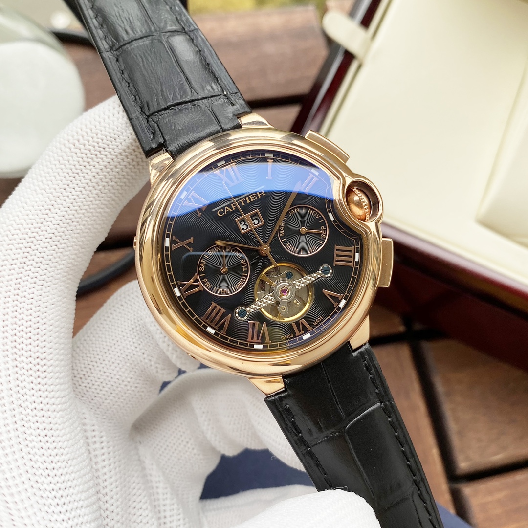 Cartier 白壳 玫金壳 【全新风格 】卡地亚-Cartier 男士腕表 全自动机械机芯 矿物强化玻璃 316L精钢表壳 真皮表带 休闲 商务 尺寸:径44mm 厚度12mm