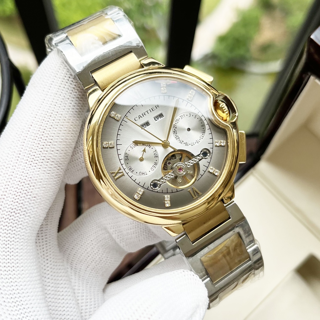 Cartier 白壳 玫金壳 【 风格 优雅 】卡地亚-Cartier 男士腕表 全自动机械机芯 矿物强化玻璃 316L精钢表壳 精钢表带 设计 商务休闲 尺寸:直径44mm 厚度12mm