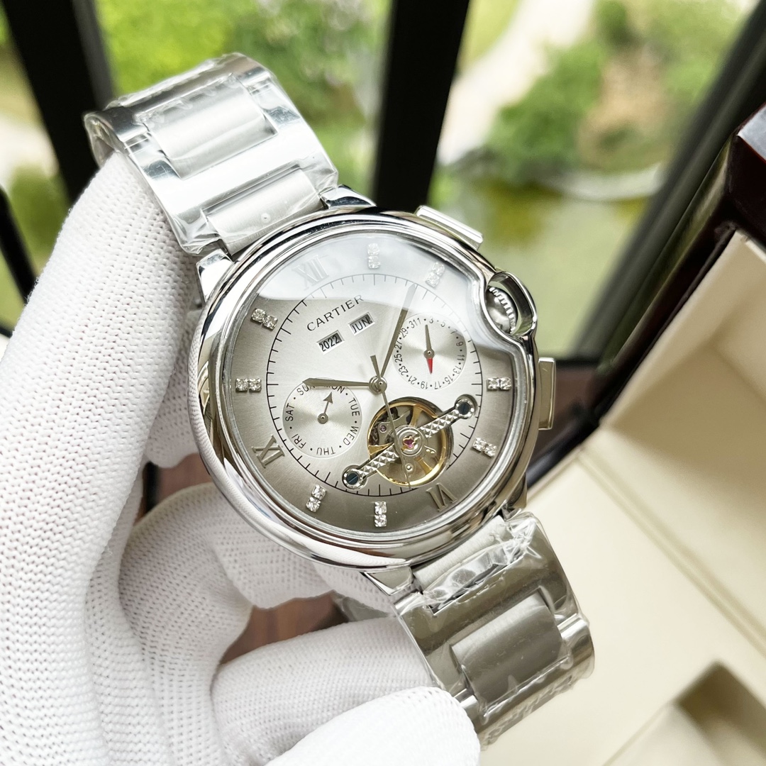 Cartier 白壳 玫金壳 【 风格 优雅 】卡地亚-Cartier 男士腕表 全自动机械机芯 矿物强化玻璃 316L精钢表壳 精钢表带 设计 商务休闲 尺寸:直径44mm 厚度12mm