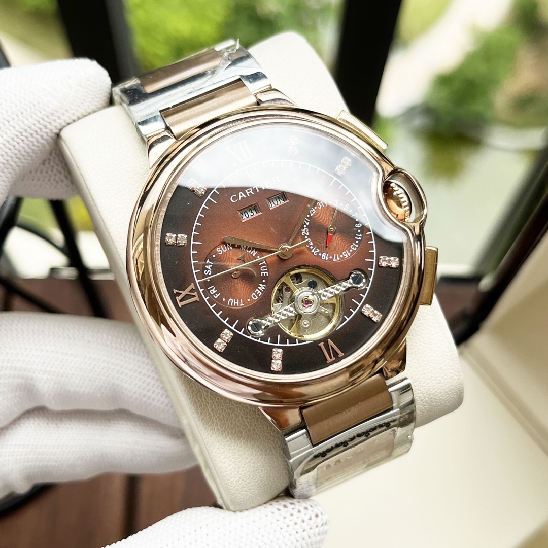 Cartier 白壳 玫金壳 【 风格 优雅 】卡地亚-Cartier 男士腕表 全自动机械机芯 矿物强化玻璃 316L精钢表壳 精钢表带 设计 商务休闲 尺寸:直径44mm 厚度12mm