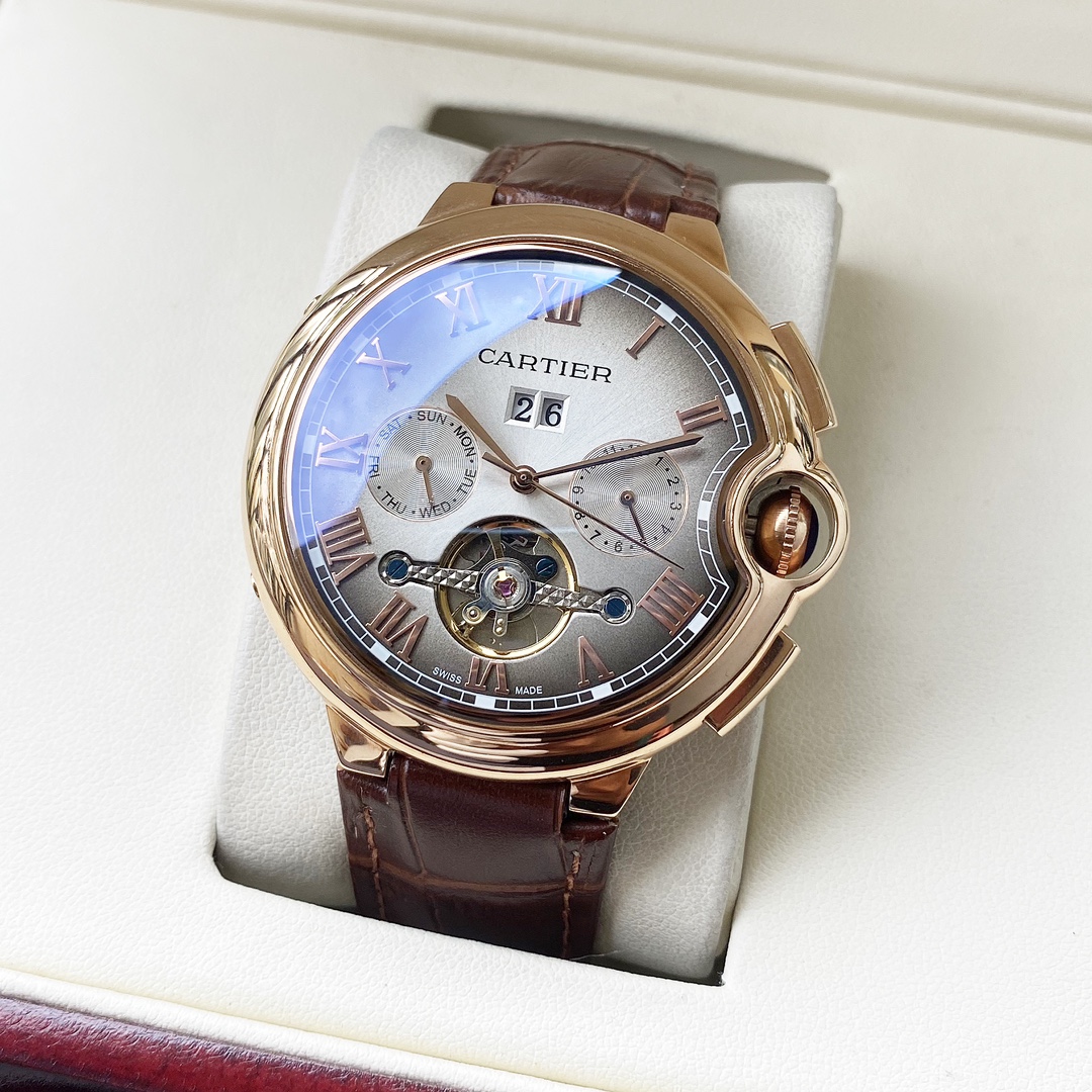 Cartier 白壳 玫瑰金 【全新风格 】卡地亚-Cartier 男士腕表 全自动机械机芯 矿物强化玻璃 316L精钢表壳 真皮表带 休闲 商务 尺寸:径44mm 厚度12mm