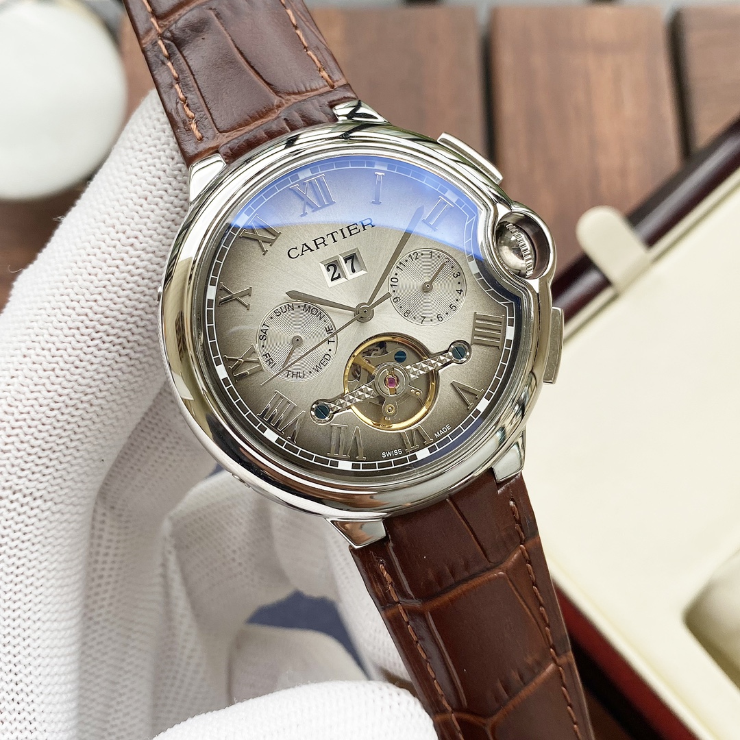 Cartier 白壳 玫瑰金 【全新风格 】卡地亚-Cartier 男士腕表 全自动机械机芯 矿物强化玻璃 316L精钢表壳 真皮表带 休闲 商务 尺寸:径44mm 厚度12mm