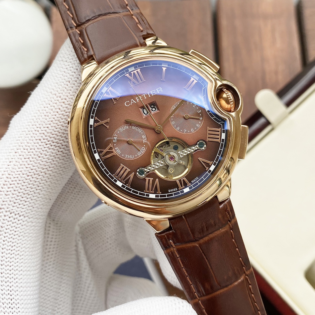 Cartier 白壳 玫瑰金 【全新风格 】卡地亚-Cartier 男士腕表 全自动机械机芯 矿物强化玻璃 316L精钢表壳 真皮表带 休闲 商务 尺寸:径44mm 厚度12mm