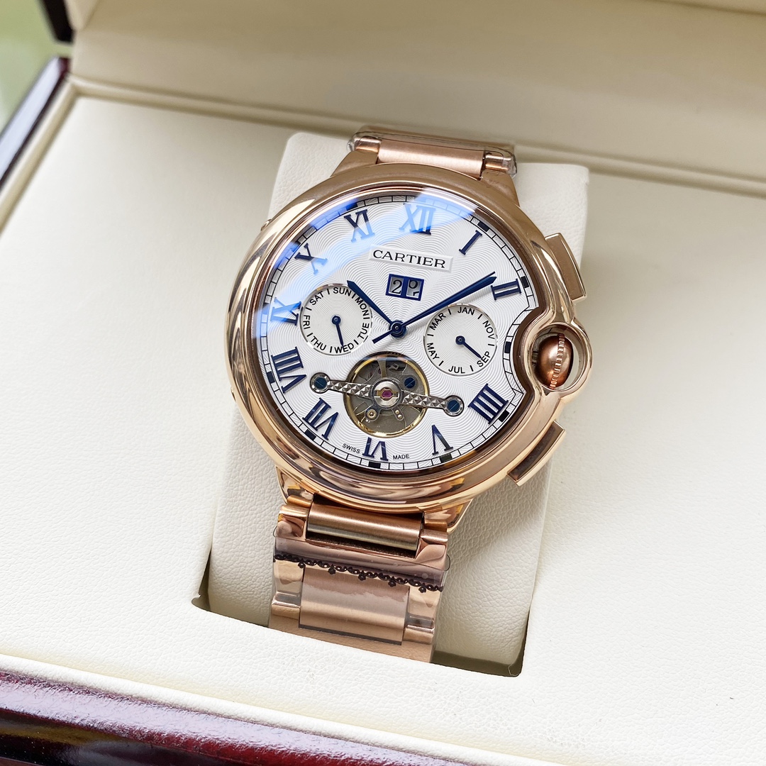 NO:393924,White shell, rose gold shell. [New style, elegant and atmospheric] Cartier-Cartier men's watch Fully automatic mechanical movement Mineral reinforced glass 316L stainless steel case Steel strap Fashion trend Business and leisure Size: diameter 44mm Thickness 12mm, Cartier, cartier19860909白壳,玫金壳.【全新风格 典雅大气】卡地亚-Cartier 男士腕表 全自动机械机芯 矿物强化玻璃 316L精钢表壳 精钢表带 时尚潮流 商务休闲 尺寸:直径44mm 厚度12mm,,cartier,cartier,Watch