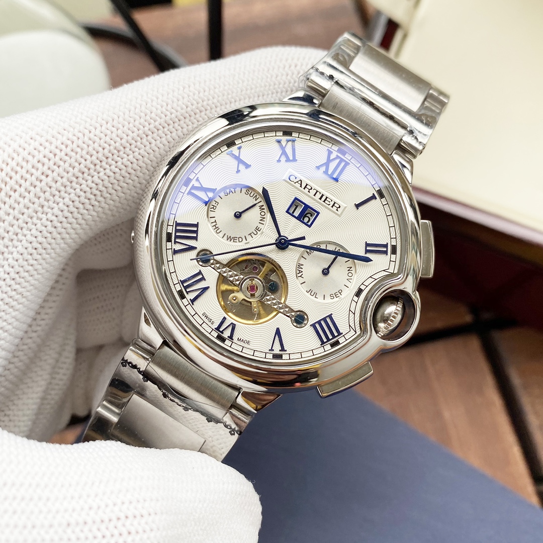 Cartier 全新风格 典雅 卡地亚-Cartier 男士腕表 全自动机械机芯 矿物强化玻璃 316L精钢表壳 精钢表带 潮流 商务休闲 尺寸:径44mm 厚度12mm