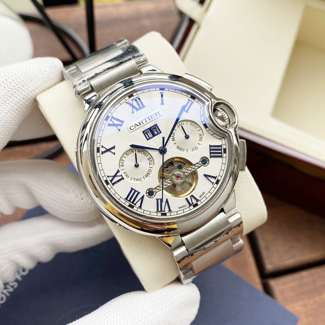 Cartier 全新风格 典雅 卡地亚-Cartier 男士腕表 全自动机械机芯 矿物强化玻璃 316L精钢表壳 精钢表带 潮流 商务休闲 尺寸:径44mm 厚度12mm