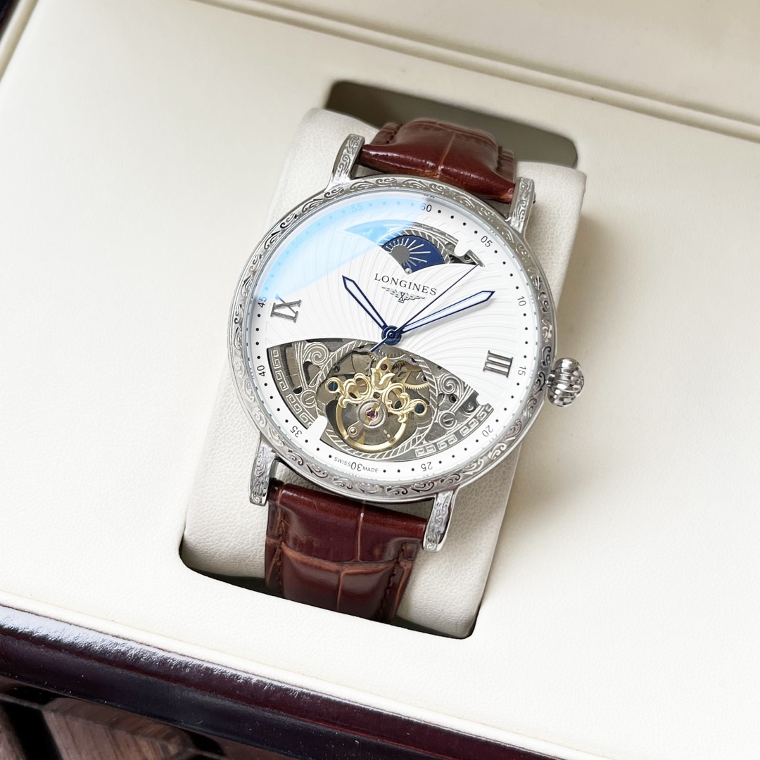 NO:394256,Unified. [Fashion hollowing, classic and atmospheric] Longines - Longines Men's watch Fully automatic mechanical movement Mineral reinforced glass 316L stainless steel case Leather strap Simple and exquisite Business and casual Size: Diameter 42mm Thickness 12mm, Longines19860909统一.【时尚镂空 经典大气】浪琴-Longines 男士腕表 全自动机械机芯 矿物强化玻璃 316L精钢表壳 真皮表带 简洁精致 商务休闲 尺寸:直径42mm 厚度12mm,,longines,Watch