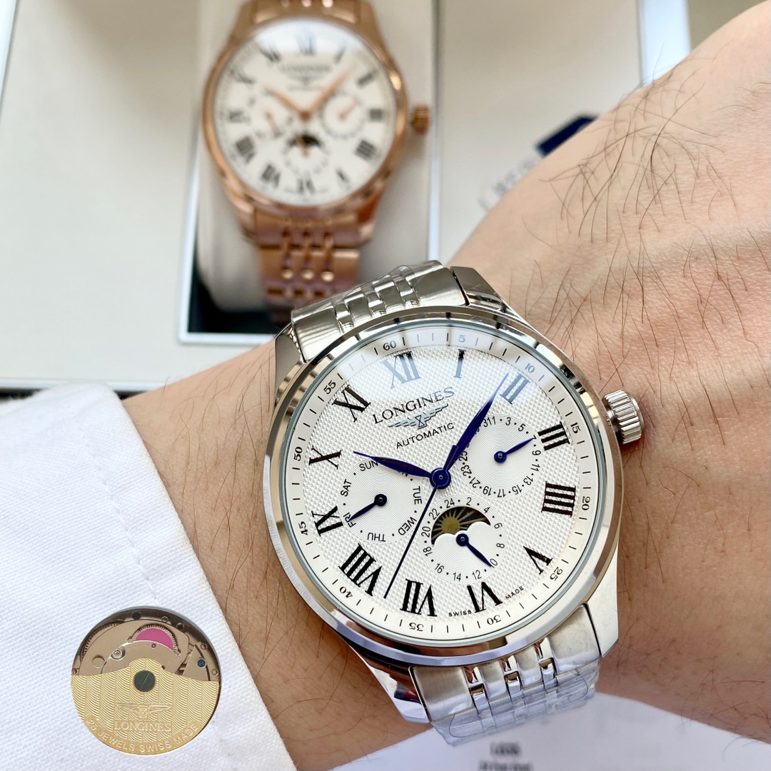 NO:394168,White shell, rose gold, steel belt. Longines famous Roman multifunction watch. There are weekly at 3:6:00:00 at 9:00 at 3:00:00 at 9:00 on weekdays. Date. 24-hour moon phase function. Use 3836 movement (stable and accurate when walking). The side of the shell adopts wire drawing technology to make the whole more refined and durable. [Newly upgraded, classic and versatile] Longines Men's watch Fully automatic mechanical movement Mineral reinforced glass 316L stainless steel case 316L stainless steel strap (the back of the leather strap has the same color and leather pattern) Fashion design Business and casual Size: 40mm diameter, 12mm thickness, excellent production, must be a boutique,,longines19860909白壳,玫瑰金,钢带.浪琴名匠罗马多功能腕表 3点6点9点位置分别设有星期 日期 24小时月相功能 采用3836机芯(稳定 走时精准) 壳侧身更是采用了拉丝工艺 让整体更加精致 耐用【全新升级 经典百搭】浪琴-Longines 男士腕表 全自动机械机芯 矿物强化玻璃 316L精钢表壳 316L精钢表带 (皮表带背面更有同色皮纹) 时尚设计 商务休闲 尺寸:直径40mm 厚度12mm 卓越出品 必是精品,,longines,Watch
