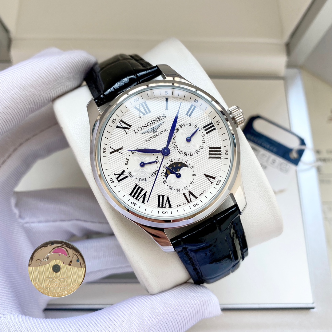 Longines Zegarek Replig tanie z Chin
 Róża Różowe złoto Biały Mężczyźni Skóra cielęca krowia Fashion Casual Automatic Mechanical Movement Pasek ze skóry cielęcej