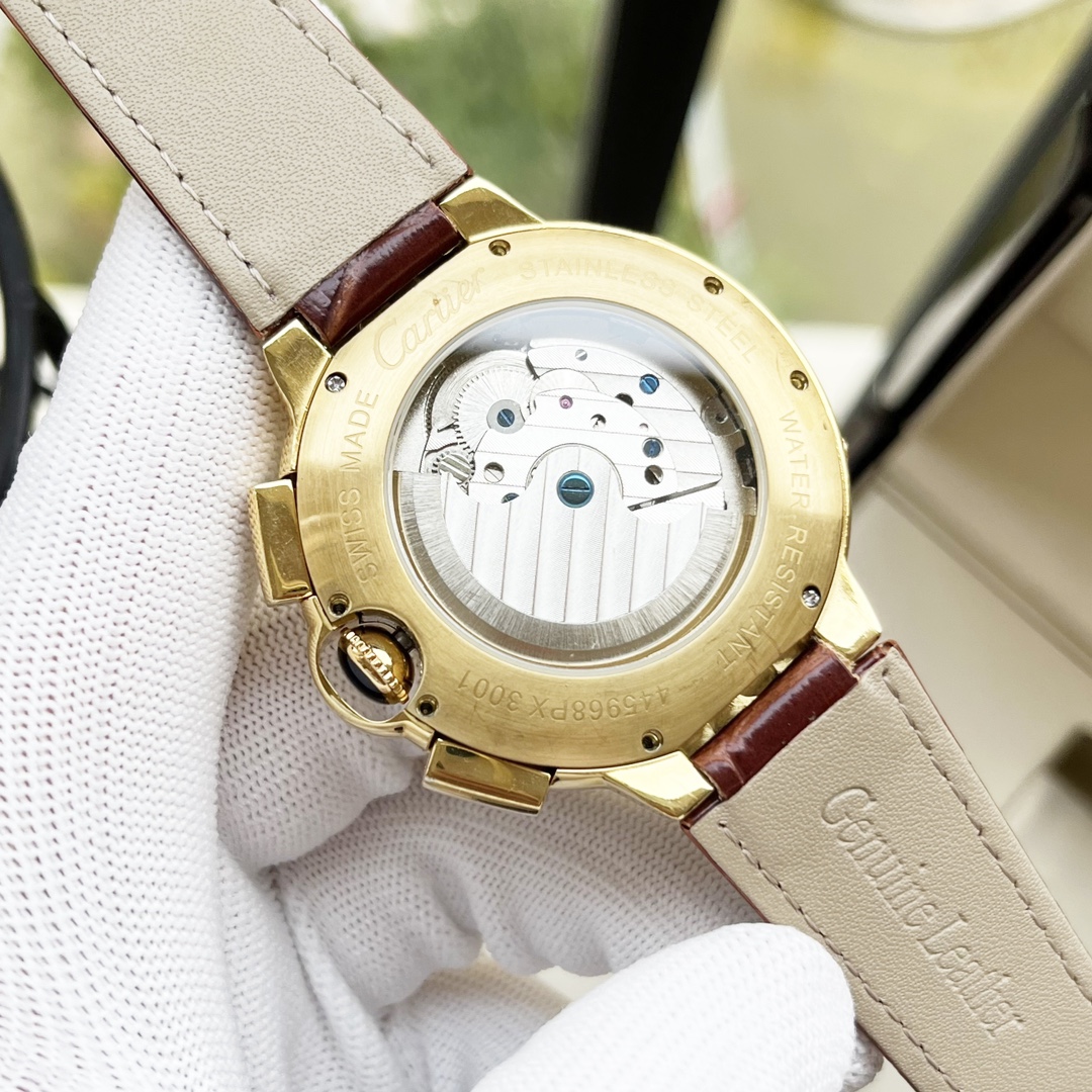 Cartier 白壳 玫瑰金 【优雅气质 】卡地亚-Cartier 男士腕表 全自动机械机芯 矿物强化玻璃 316L精钢表壳 真皮表带 休闲 商务 尺寸:径44mm 厚度12mm