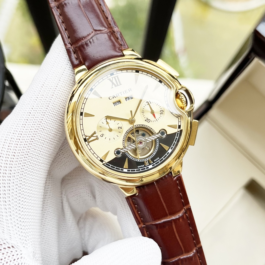 Cartier 白壳 玫瑰金 【优雅气质 】卡地亚-Cartier 男士腕表 全自动机械机芯 矿物强化玻璃 316L精钢表壳 真皮表带 休闲 商务 尺寸:径44mm 厚度12mm