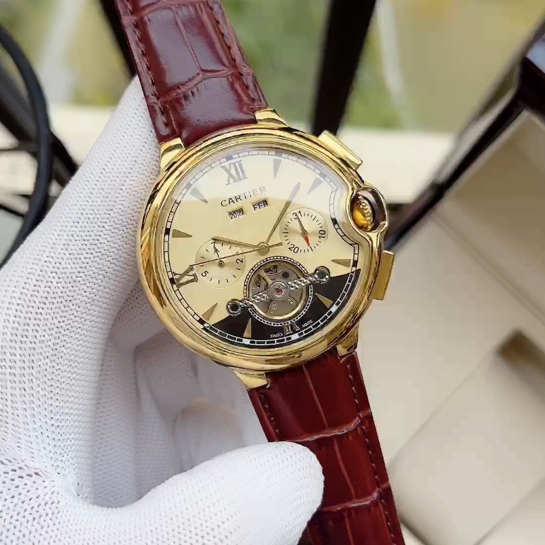 Cartier 优雅气质 卡地亚-Cartier 男士腕表 全自动机械机芯 矿物强化玻璃 316L精钢表壳 真皮表带 休闲 商务 尺寸:径44mm 厚度12mm