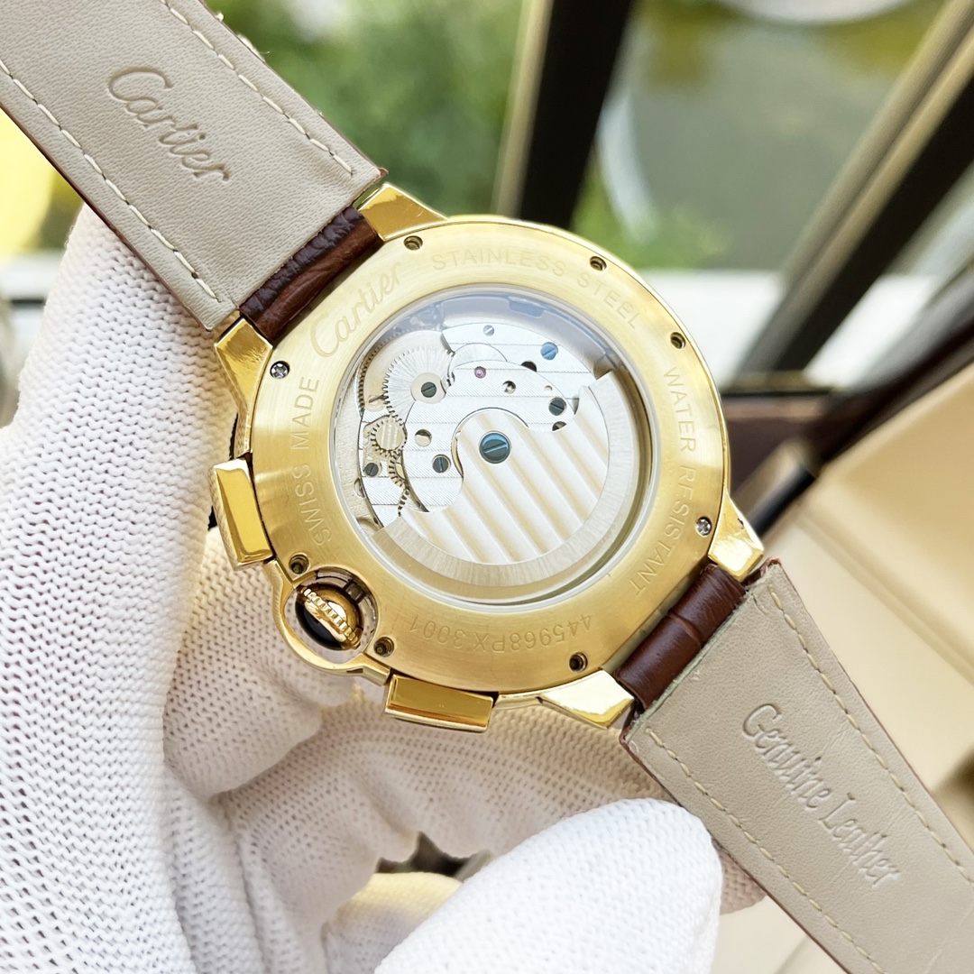 Cartier 白壳 玫瑰金 【优雅气质 】卡地亚-Cartier 男士腕表 全自动机械机芯 矿物强化玻璃 316L精钢表壳 真皮表带 休闲 商务 尺寸:径44mm 厚度12mm