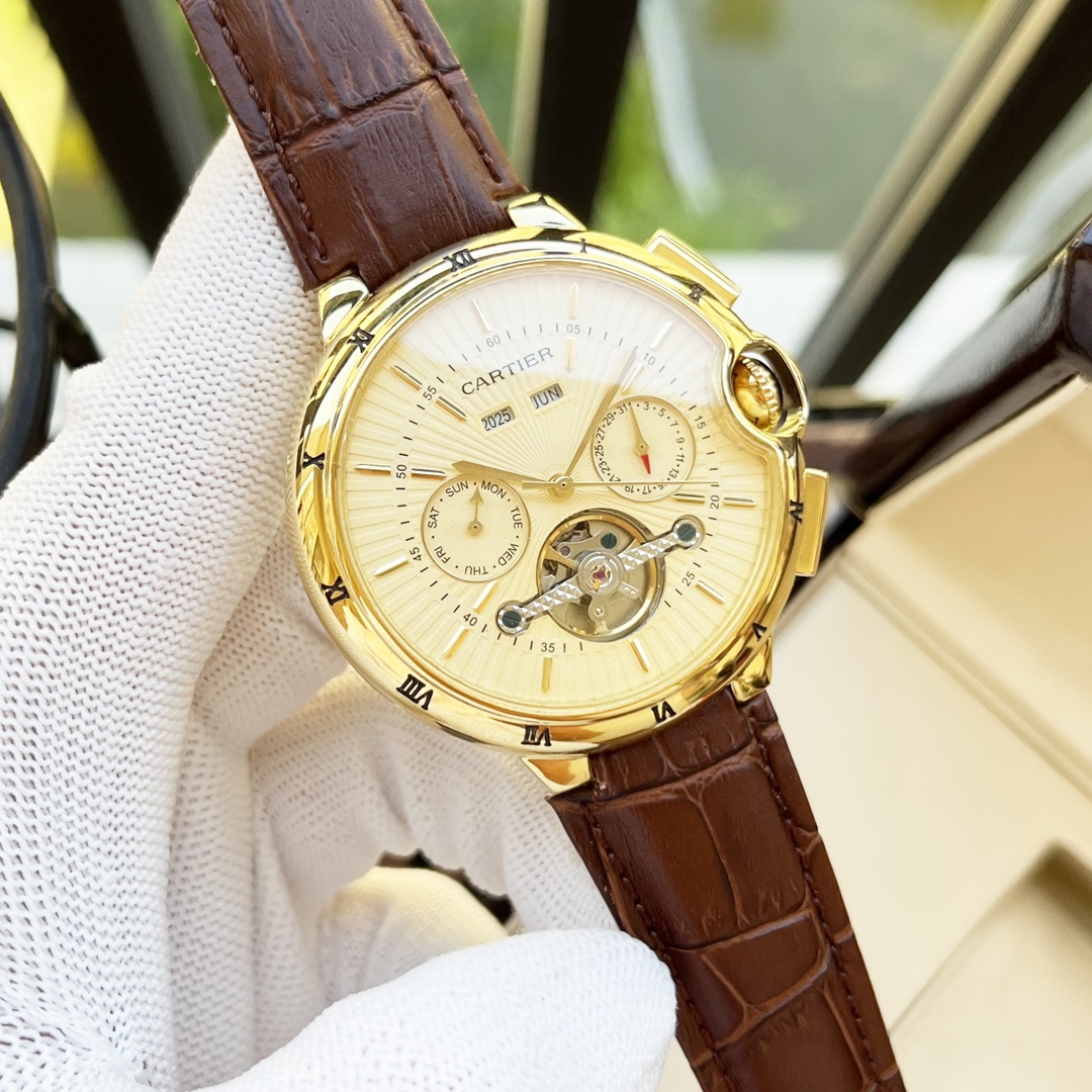 Cartier 白壳 玫瑰金 【优雅气质 】卡地亚-Cartier 男士腕表 全自动机械机芯 矿物强化玻璃 316L精钢表壳 真皮表带 休闲 商务 尺寸:径44mm 厚度12mm