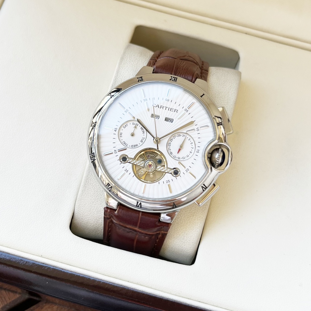 Cartier 白壳 玫瑰金 【优雅气质 】卡地亚-Cartier 男士腕表 全自动机械机芯 矿物强化玻璃 316L精钢表壳 真皮表带 休闲 商务 尺寸:径44mm 厚度12mm