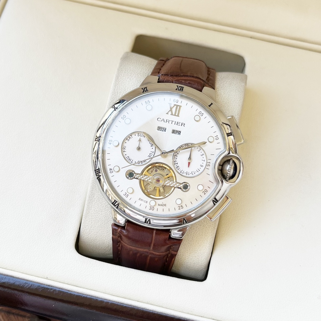 Cartier 白壳 玫瑰金 【典雅气质 】卡地亚-Cartier 男士腕表 全自动机械机芯 矿物强化玻璃 316L精钢表壳 真皮表带 休闲 商务 尺寸:径44mm 厚度12mm
