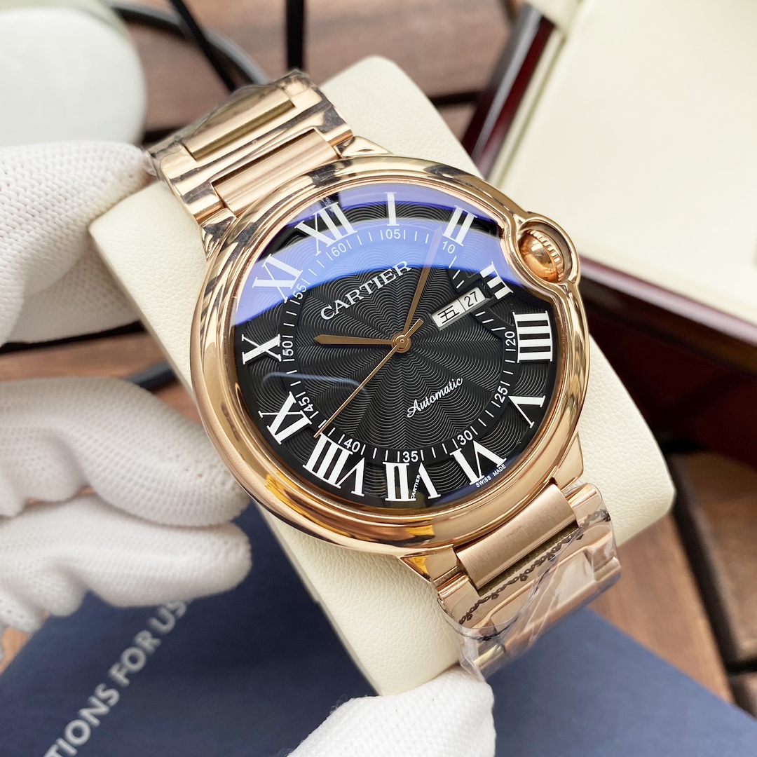 Cartier 白壳 玫瑰金 钢带+ 【简约 优雅大方】卡地亚-Cartier 男士腕表 全自动机械机芯 矿物强化玻璃 316L精钢表壳 精钢表带 全新风格 商务休闲 尺寸:直径44mm 厚度12mm