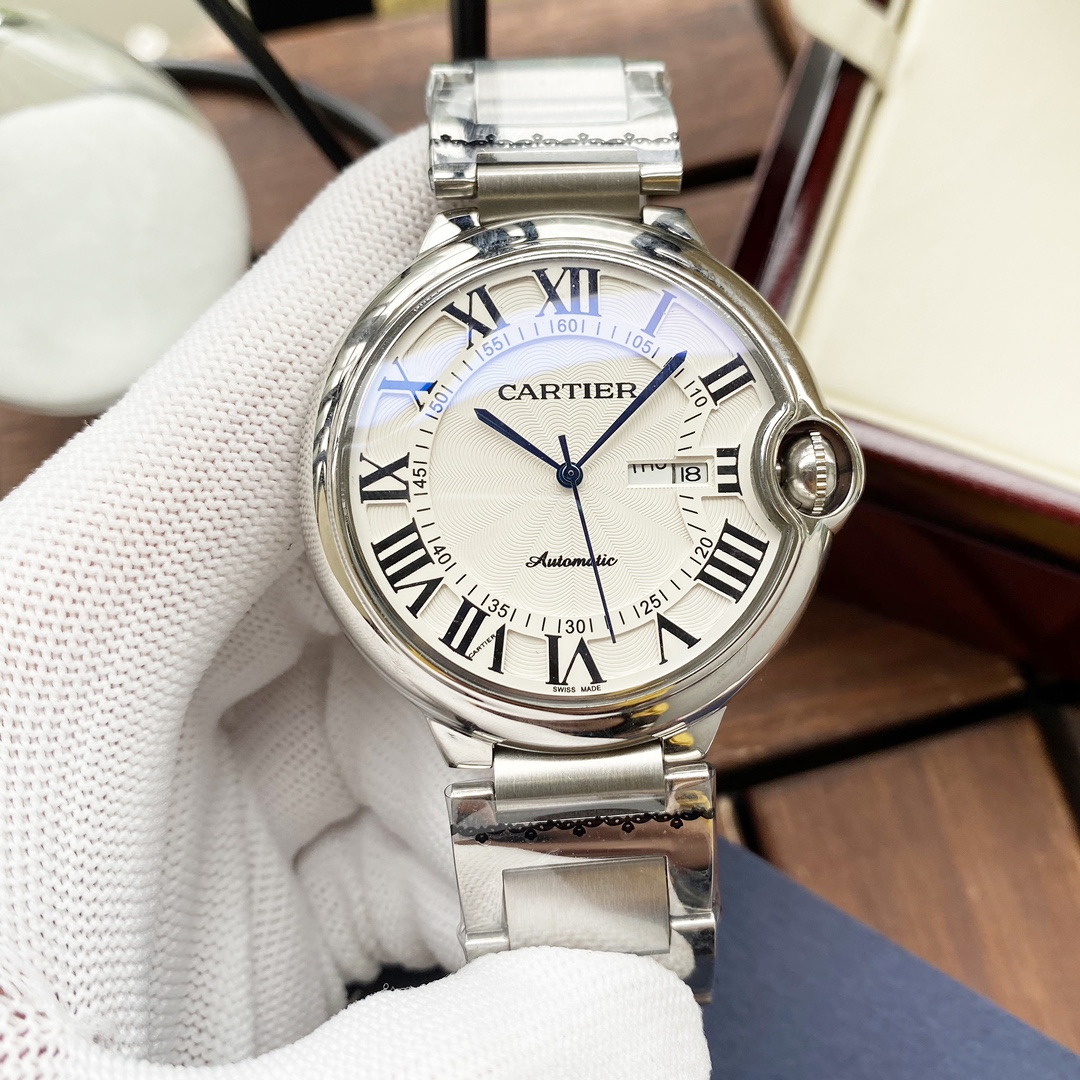 Cartier 白壳 玫瑰金 钢带+ 【简约 优雅大方】卡地亚-Cartier 男士腕表 全自动机械机芯 矿物强化玻璃 316L精钢表壳 精钢表带 全新风格 商务休闲 尺寸:直径44mm 厚度12mm