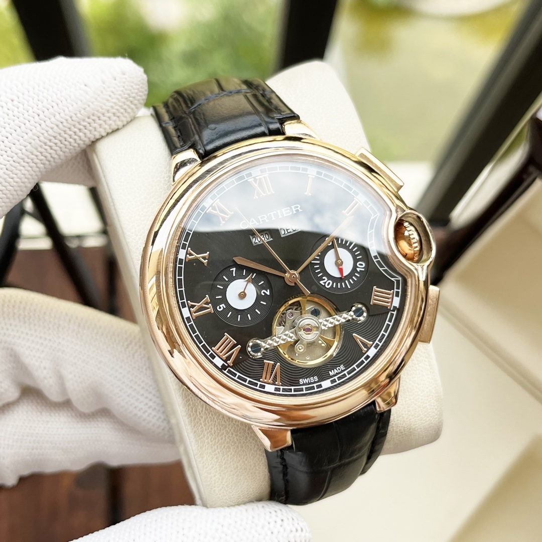 Cartier 白壳 玫瑰金 【典雅气质 】卡地亚-Cartier 男士腕表 全自动机械机芯 矿物强化玻璃 316L精钢表壳 真皮表带 休闲 商务 尺寸:直径44mm 厚度12mm