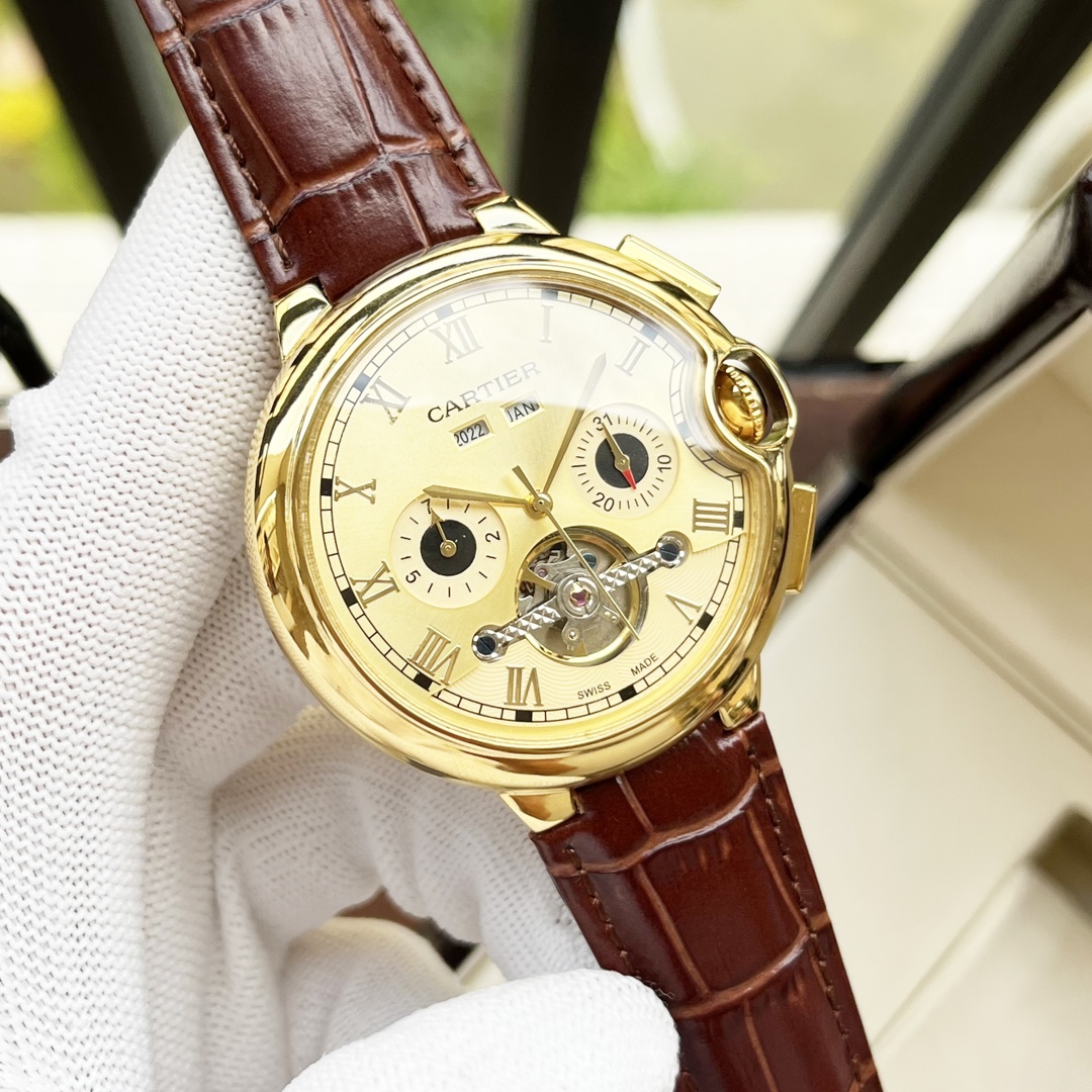 Cartier 白壳 玫瑰金 【典雅气质 】卡地亚-Cartier 男士腕表 全自动机械机芯 矿物强化玻璃 316L精钢表壳 真皮表带 休闲 商务 尺寸:直径44mm 厚度12mm