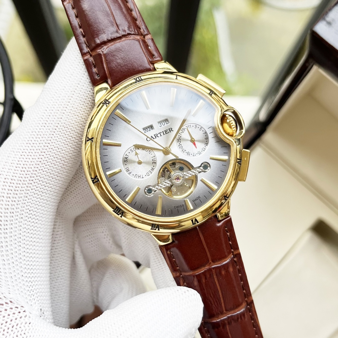 Cartier 白壳 玫瑰金 【全新风格 】卡地亚-Cartier 男士腕表 全自动机械机芯 矿物强化玻璃 316L精钢表壳 真皮表带 休闲 商务 尺寸:径44mm 厚度12mm