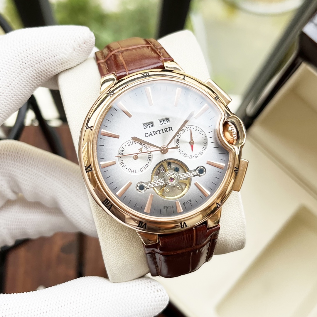 Cartier 白壳 玫瑰金 【全新风格 】卡地亚-Cartier 男士腕表 全自动机械机芯 矿物强化玻璃 316L精钢表壳 真皮表带 休闲 商务 尺寸:径44mm 厚度12mm